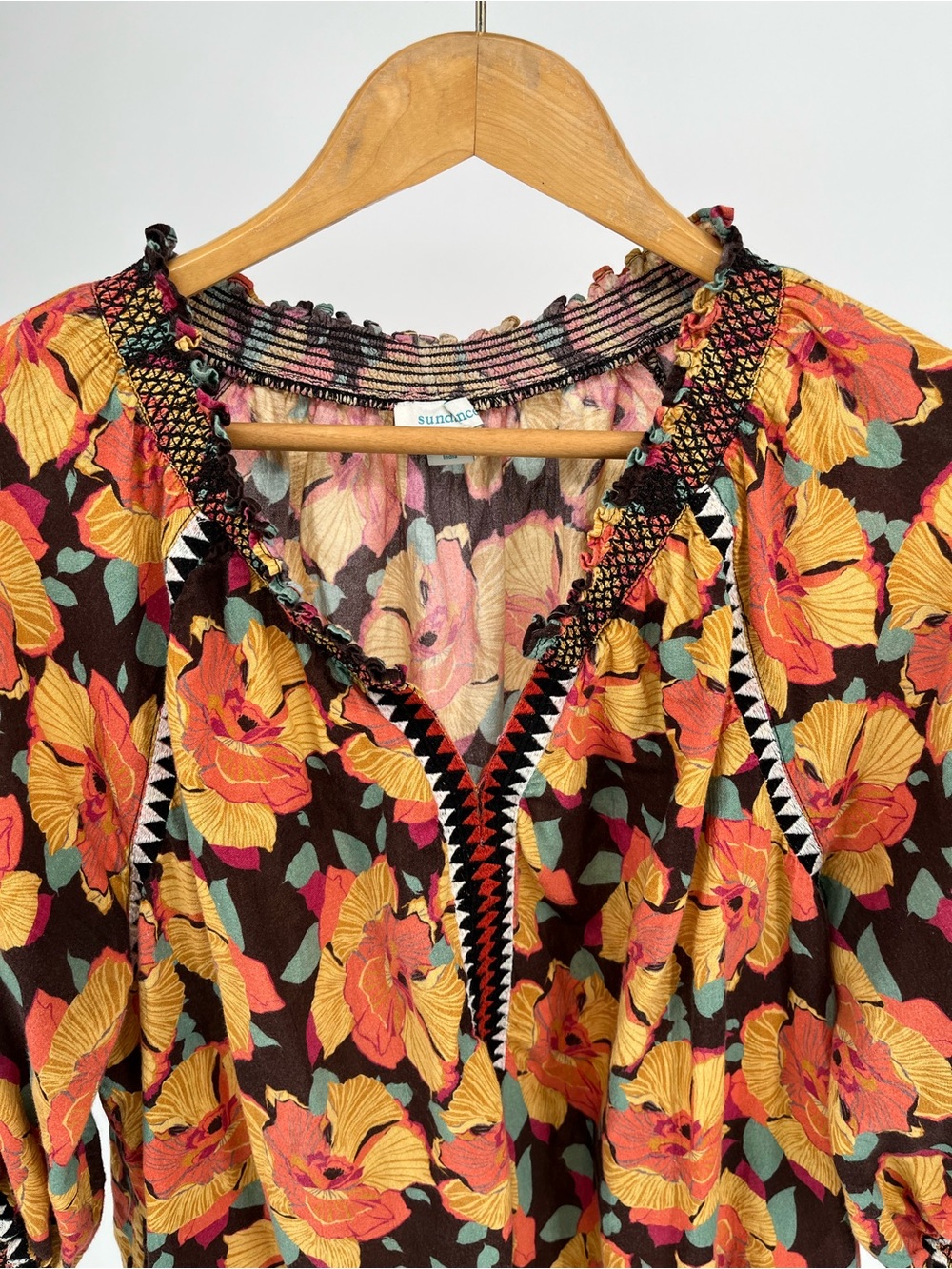 Sundance XL 100% Cotton Floral Peasant Blouse Boho Embroidered V-Neck Fall Top - Picture 3 of 10